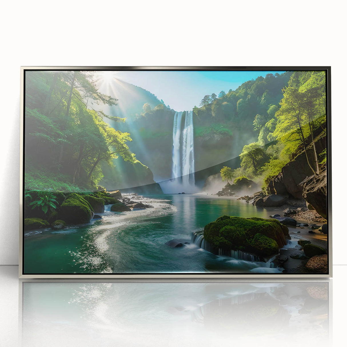 Framed wall art featuring a stunning waterfall landscape with vibrant colors and intricate details, designed to enhance any living space's decor.