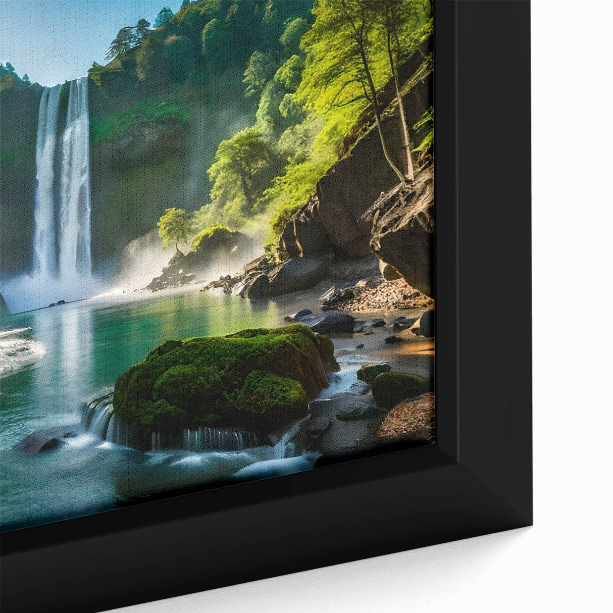 Framed canvas artwork showcasing a stunning close-up of a vibrant waterfall landscape design, featuring rich blues and greens, ideal for home decor.