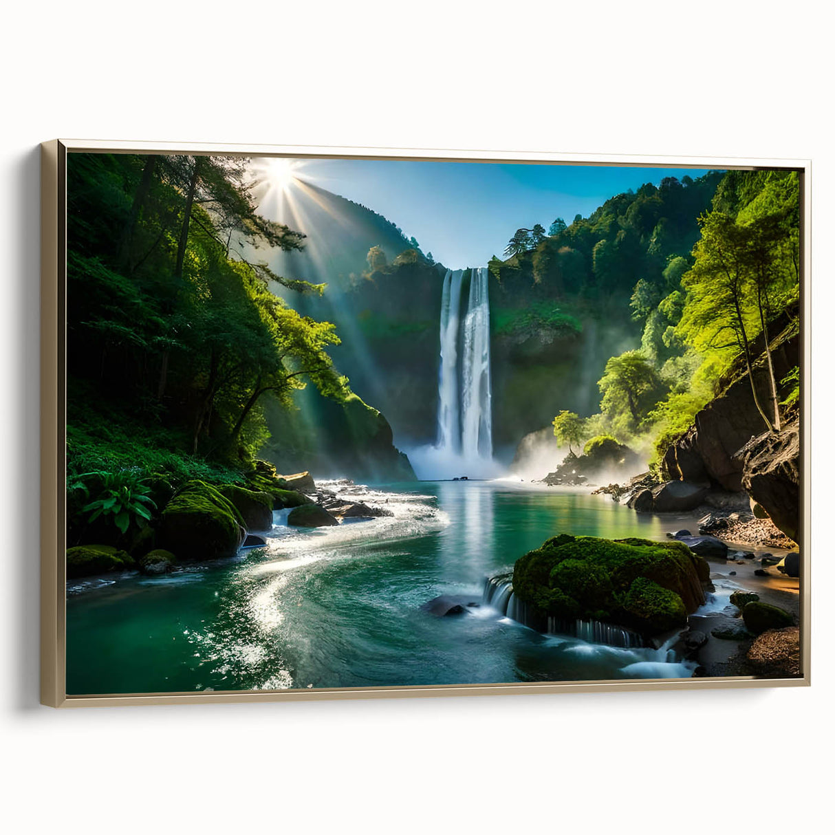 Framed canvas wall art showcasing a stunning waterfall landscape design with vibrant colors, featuring a gold frame, perfect for home decor accent.