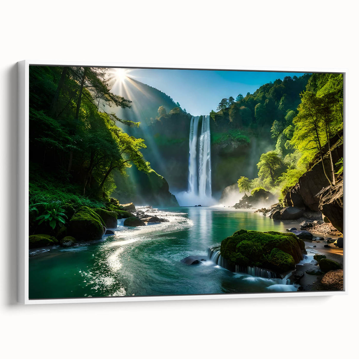 Framed canvas wall art showcasing a serene waterfall landscape in vibrant blues and greens, designed to enhance any living space with a touch of nature.