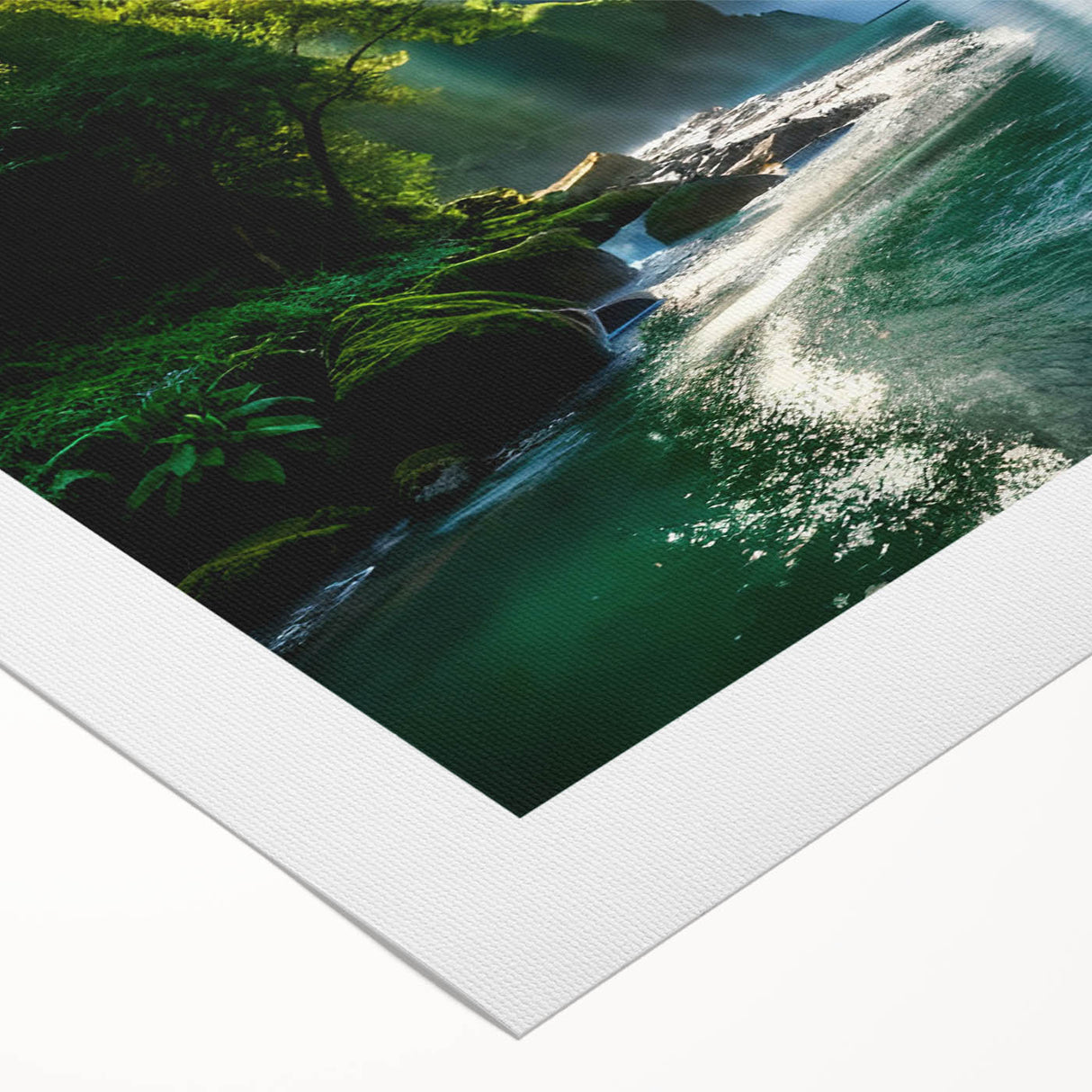Vibrant rolled canvas wall art design featuring a serene waterfall landscape, showcasing lush greenery and flowing water, perfect for home decor.
