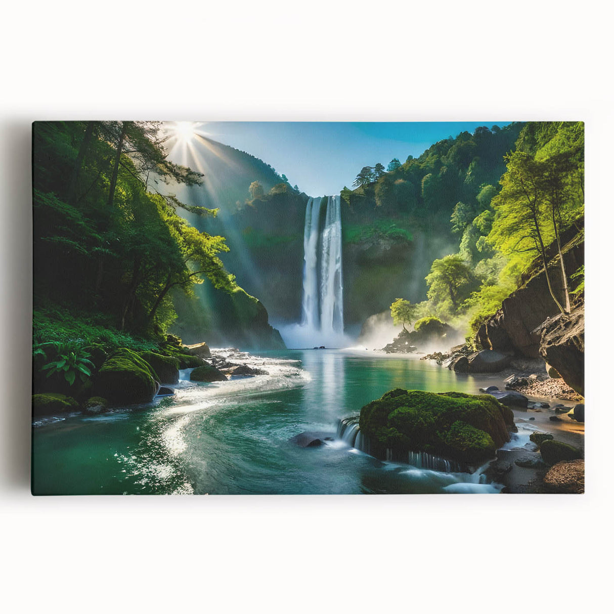 Stretched canvas artwork displaying a stunning waterfall landscape scene with vibrant colors, perfect for enhancing home decor and creating a serene ambiance.