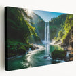 Stretched canvas wall art depicting a vibrant waterfall landscape, showcasing lush greenery and cascading water, ideal for adding a serene touch to home decor.
