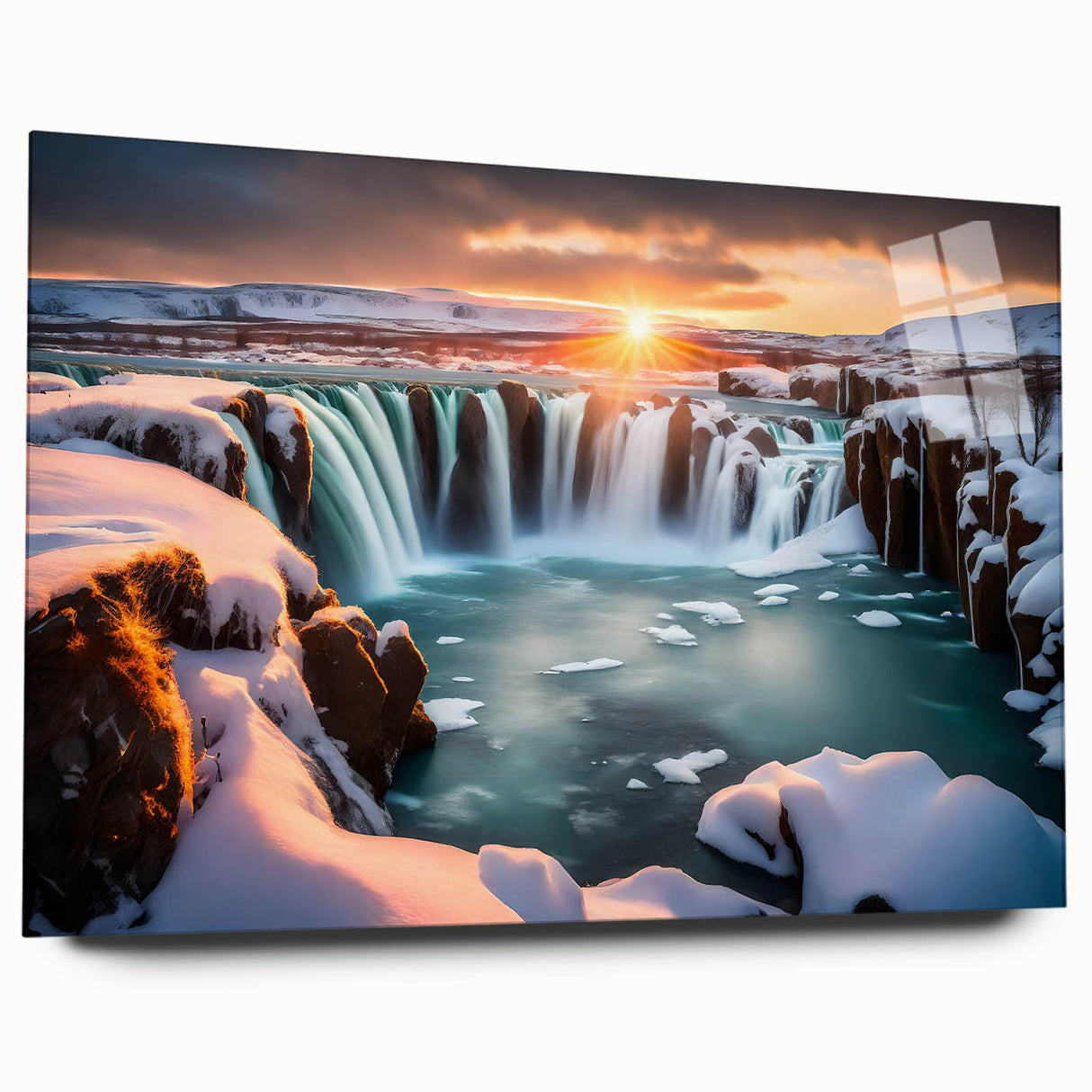 Acrylic glass wall art piece showcasing a stunning landscape waterfall design, featuring vibrant colors and intricate details, perfect for home decor.