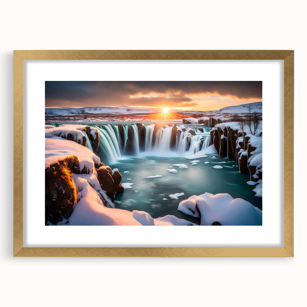 Framed wall art showcasing a serene waterfall landscape, featuring vibrant green foliage and cascading water, presented in a gold frame with a white mat. Ideal for nature enthusiasts and home decor.