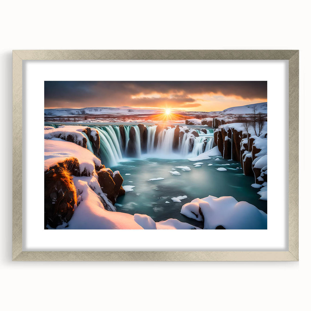 Framed wall art showcasing a vibrant waterfall landscape design, featuring a silver mat and frame, perfect for enhancing home decor with nature-inspired aesthetics.