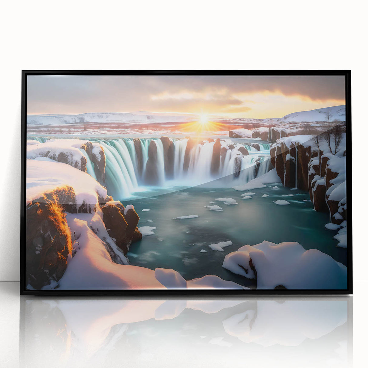 Framed acrylic wall art showcasing a stunning waterfall landscape, featuring vibrant colors and intricate details, presented with a sleek black frame for a modern touch. Perfect for enhancing home decor and creating a serene atmosphere.