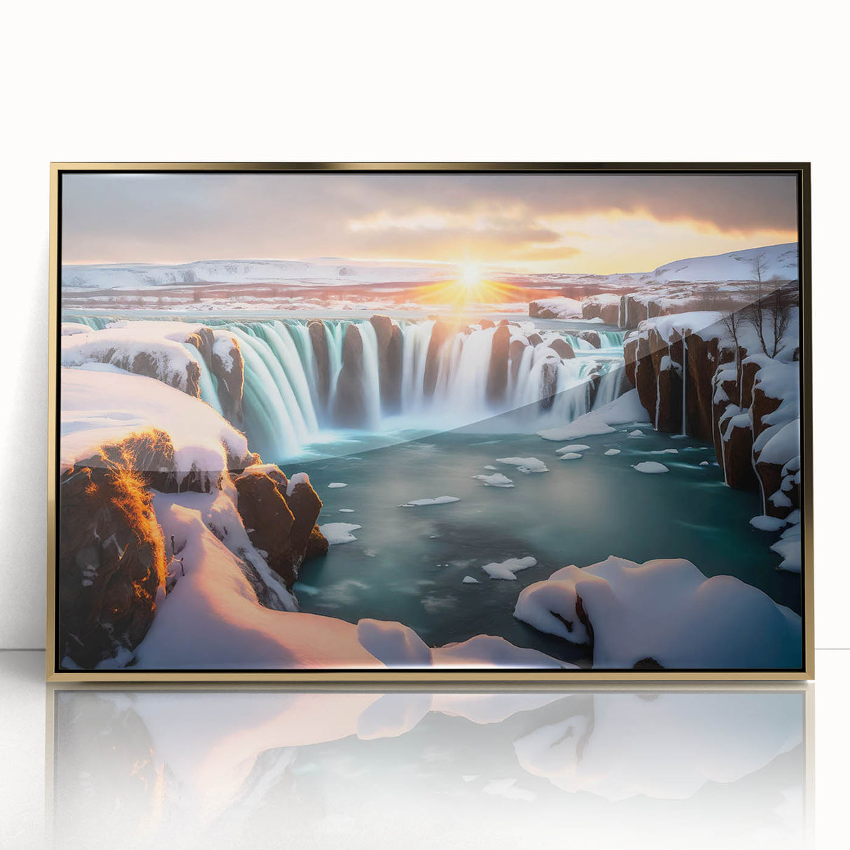 Framed wall art showcasing a stunning waterfall landscape with vibrant colors and intricate details, featuring a gold-accented frame, perfect for home decor.