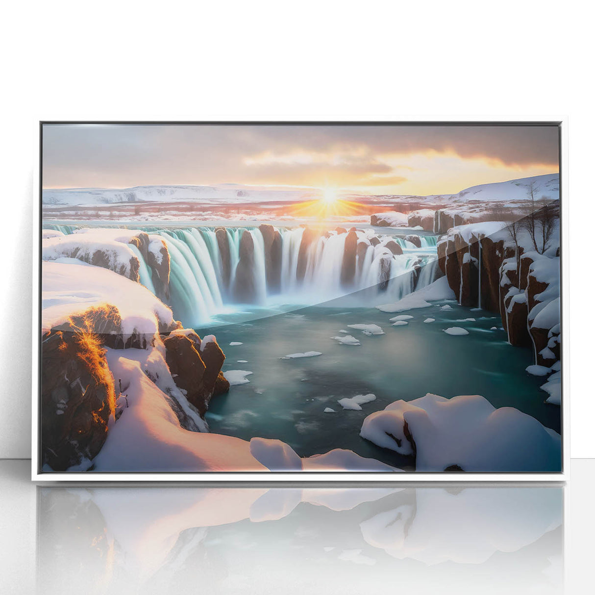 Framed acrylic wall art featuring a serene waterfall landscape design in a white frame, ideal for enhancing home decor with natural beauty and tranquility.