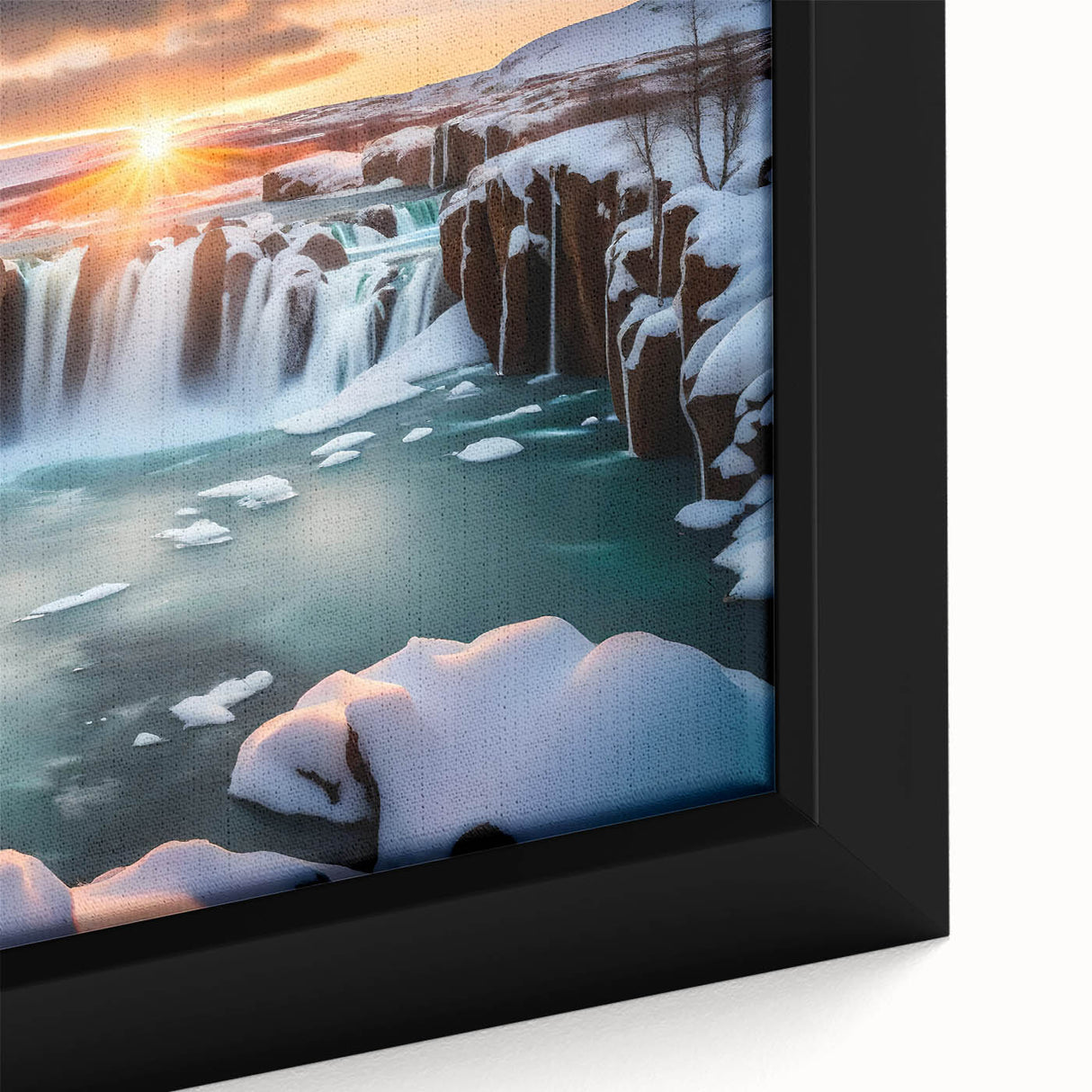 Framed canvas wall art showcasing a stunning close-up of a vibrant waterfall surrounded by lush greenery, perfect for nature lovers and home decor enthusiasts.
