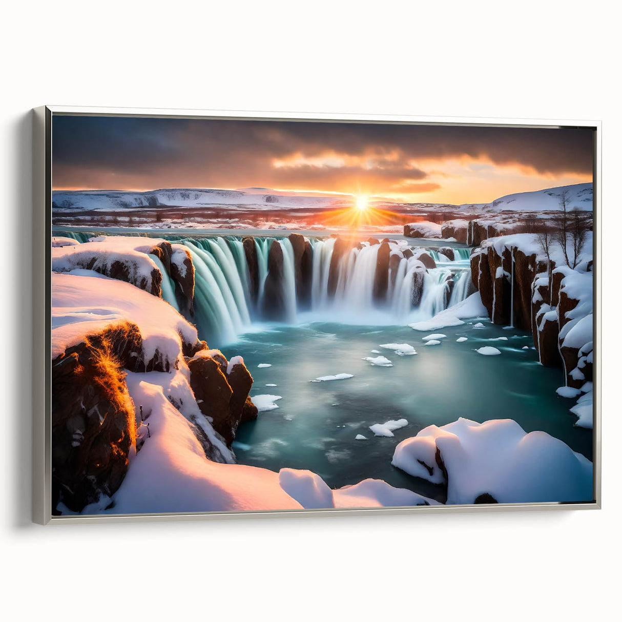 Framed canvas wall art showcasing a serene waterfall landscape in vibrant colors, featuring silver accents on the frame, ideal for enhancing modern home decor.