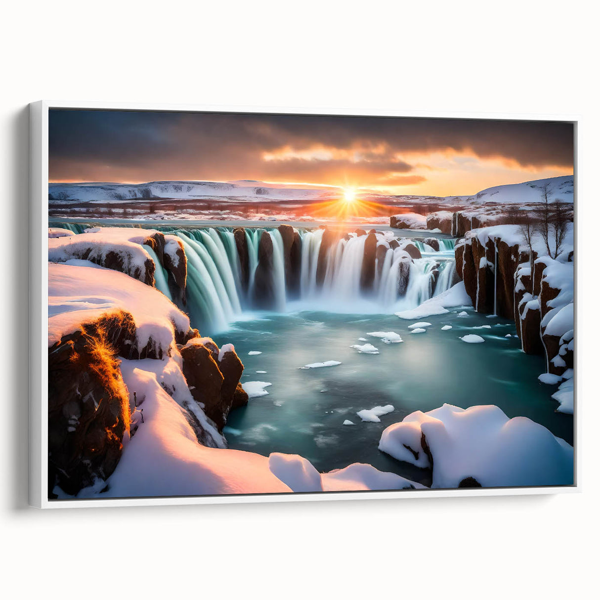 Framed canvas wall art featuring a serene waterfall landscape design in vibrant colors, displayed in a stylish white frame, ideal for home decor enhancement.