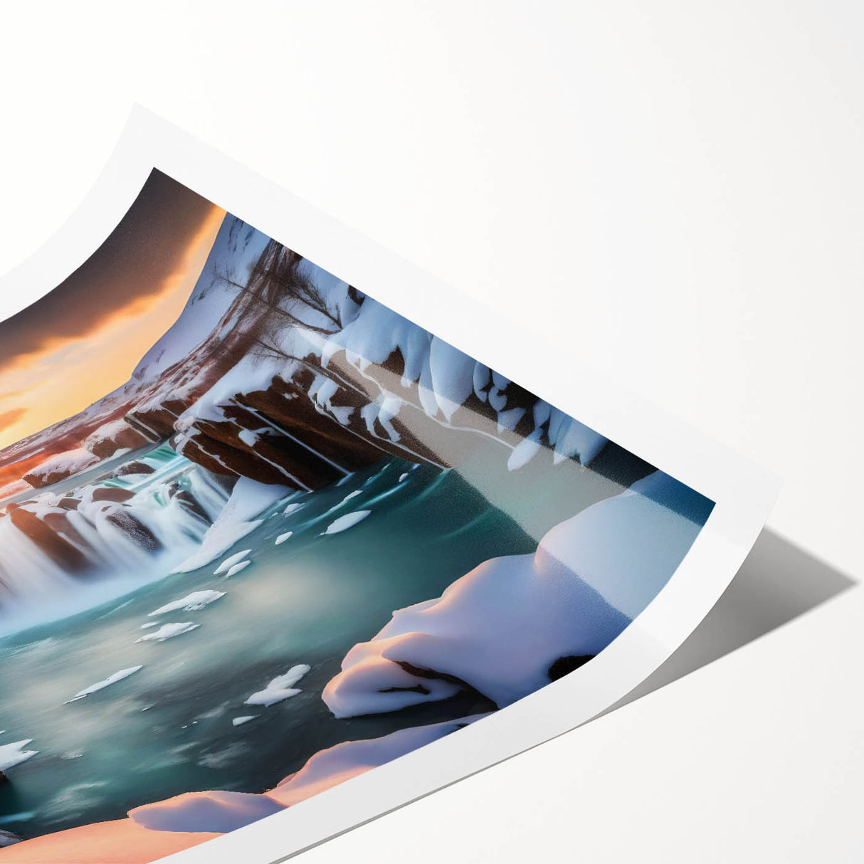 Stunning waterfall landscape artwork printed on high-quality canvas, showcasing vibrant blues and greens, perfect for home decor or office ambiance.