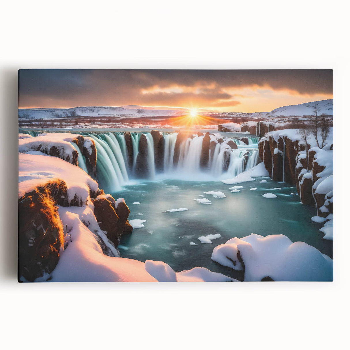 Vibrant stretched canvas wall art featuring a stunning waterfall landscape design, showcasing cascading water and lush greenery, perfect for home decor enhancement.