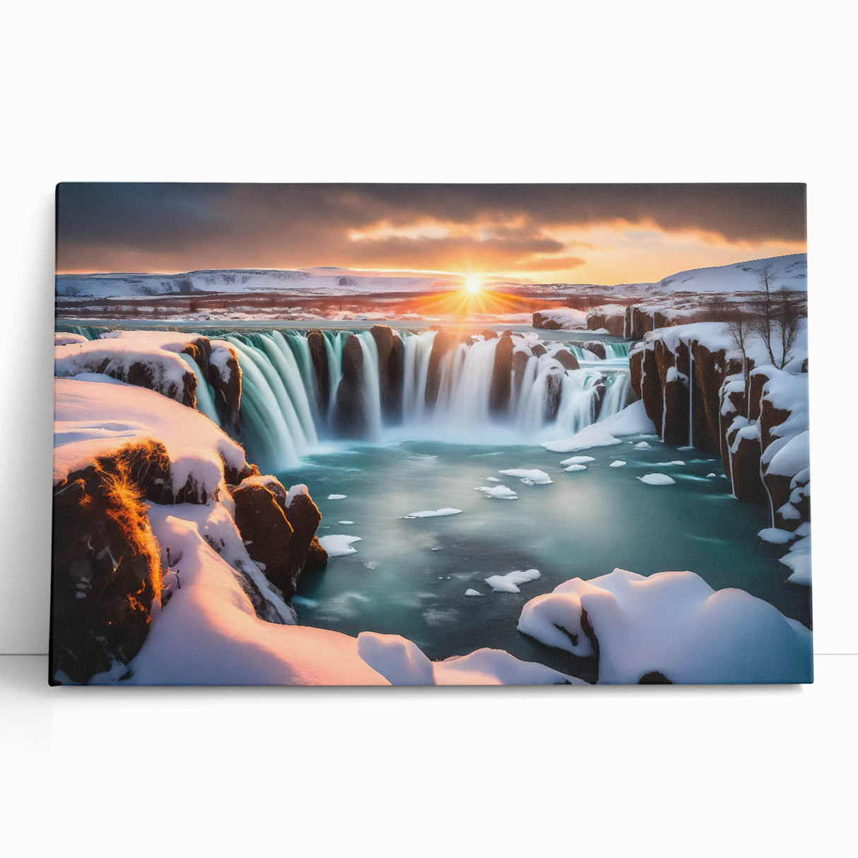 Stretched canvas wall art featuring a serene waterfall landscape with lush greenery, perfect for home decor or tranquil spaces, showcasing vibrant colors and natural beauty.
