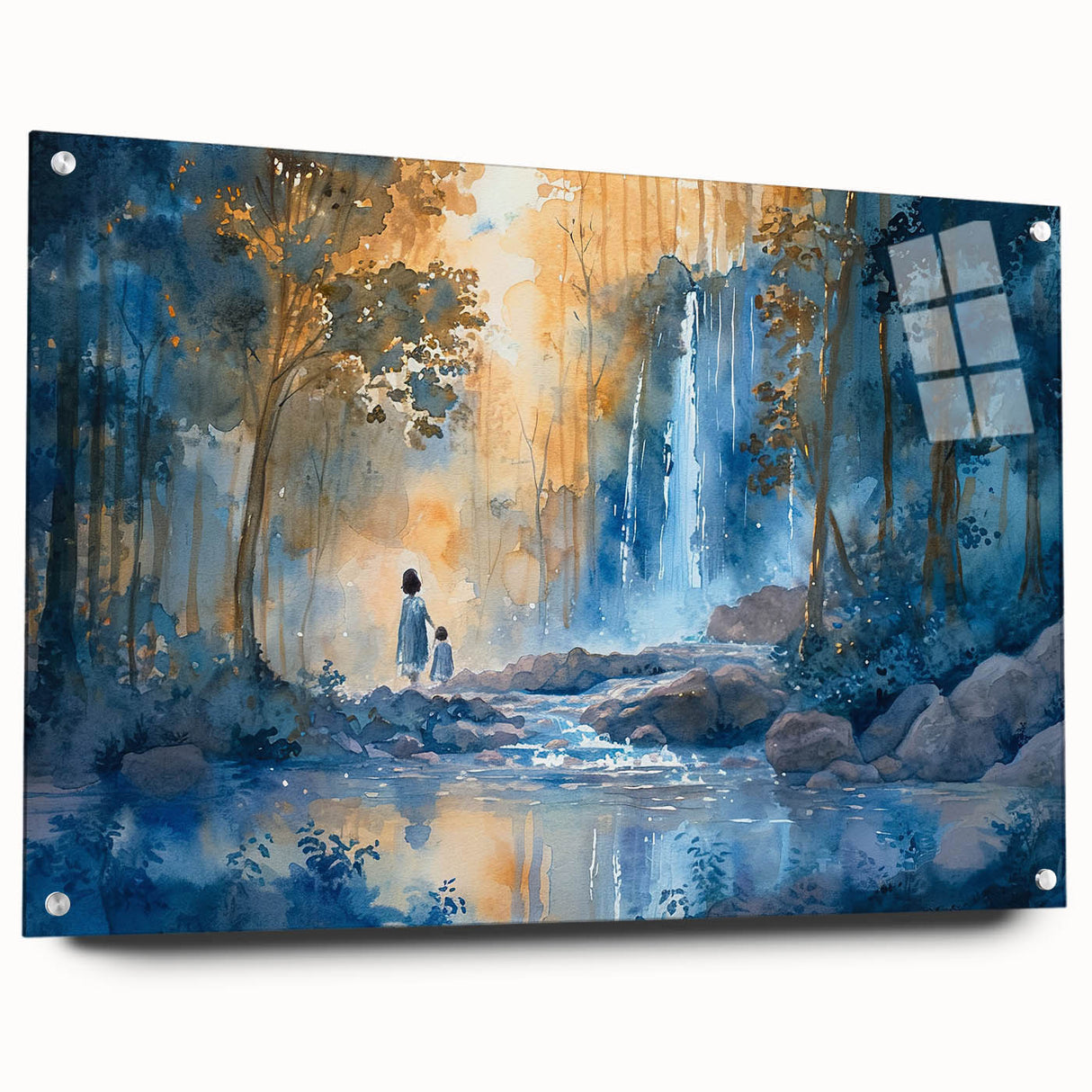 Side view of a wall art collection featuring vibrant landscapes and waterfalls, printed on acrylic glass with elegant mounting pins, enhancing any interior decor.
