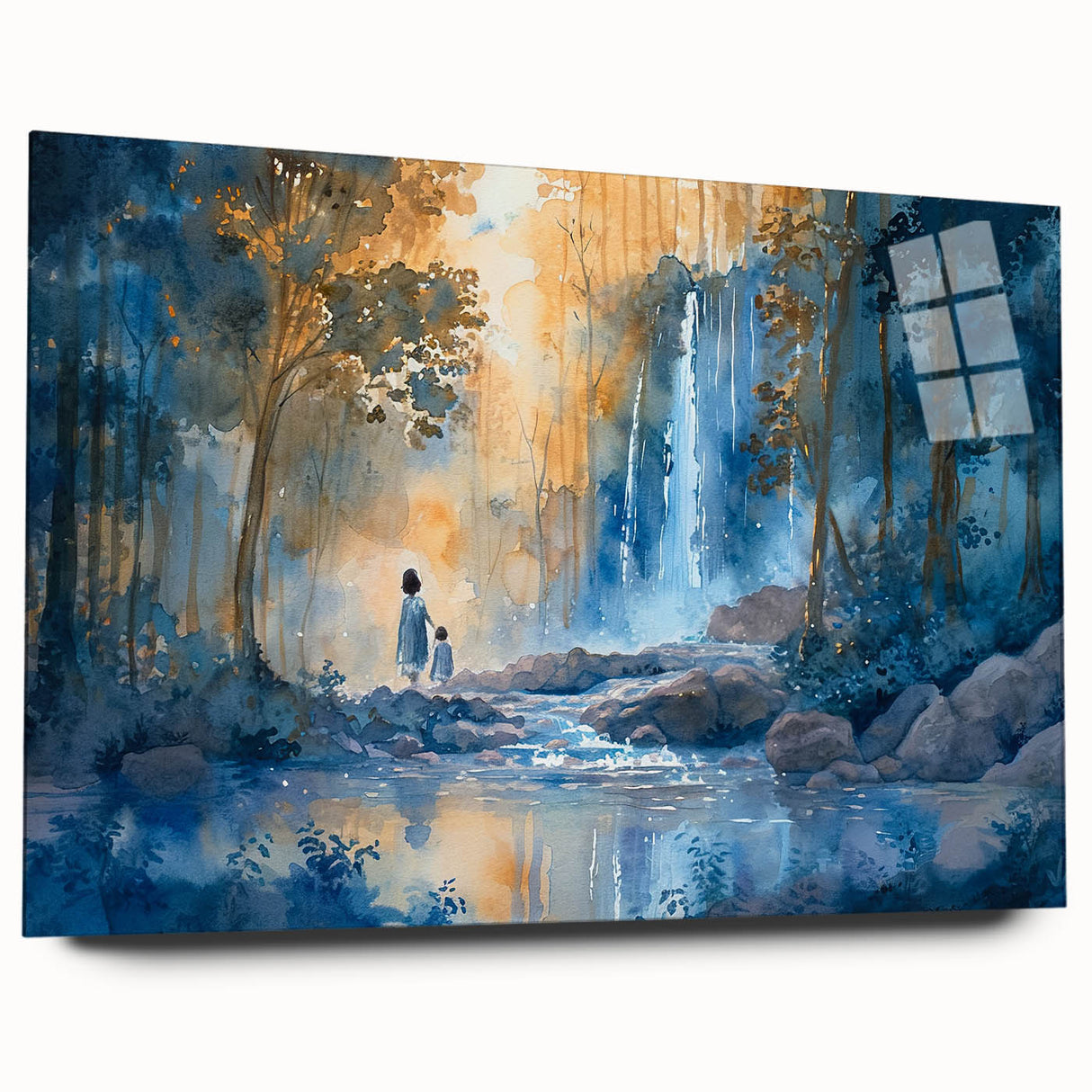 Acrylic wall art showcasing a serene waterfall landscape, designed for modern decor, viewed from the side without pins, emphasizing vibrant colors and details.