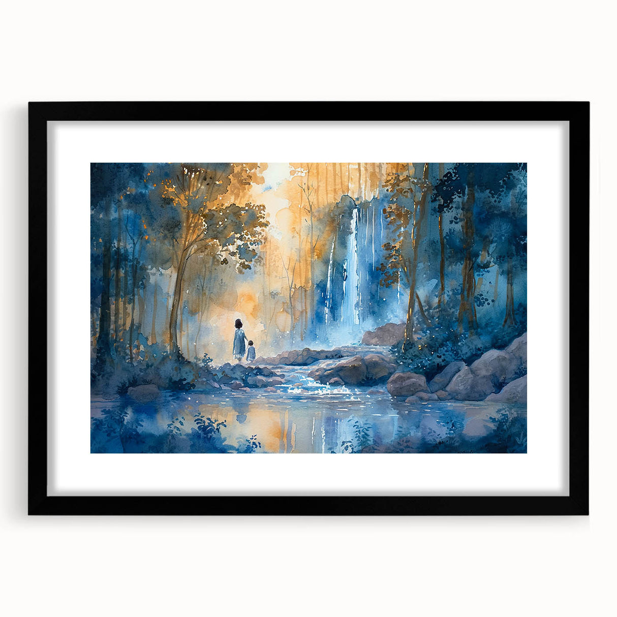 Framed black wall art print showcasing a serene landscape of cascading waterfalls, featuring a matte finish and elegant design, perfect for home decor.
