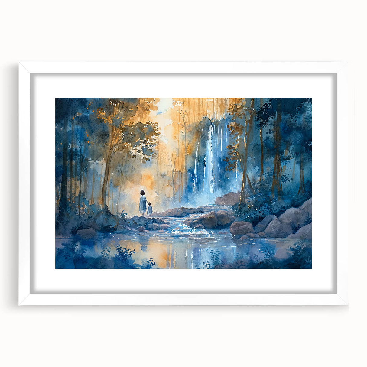 Elegant wall art featuring a serene waterfall landscape design, framed with a white mat, ideal for enhancing home decor with nature-inspired aesthetics.