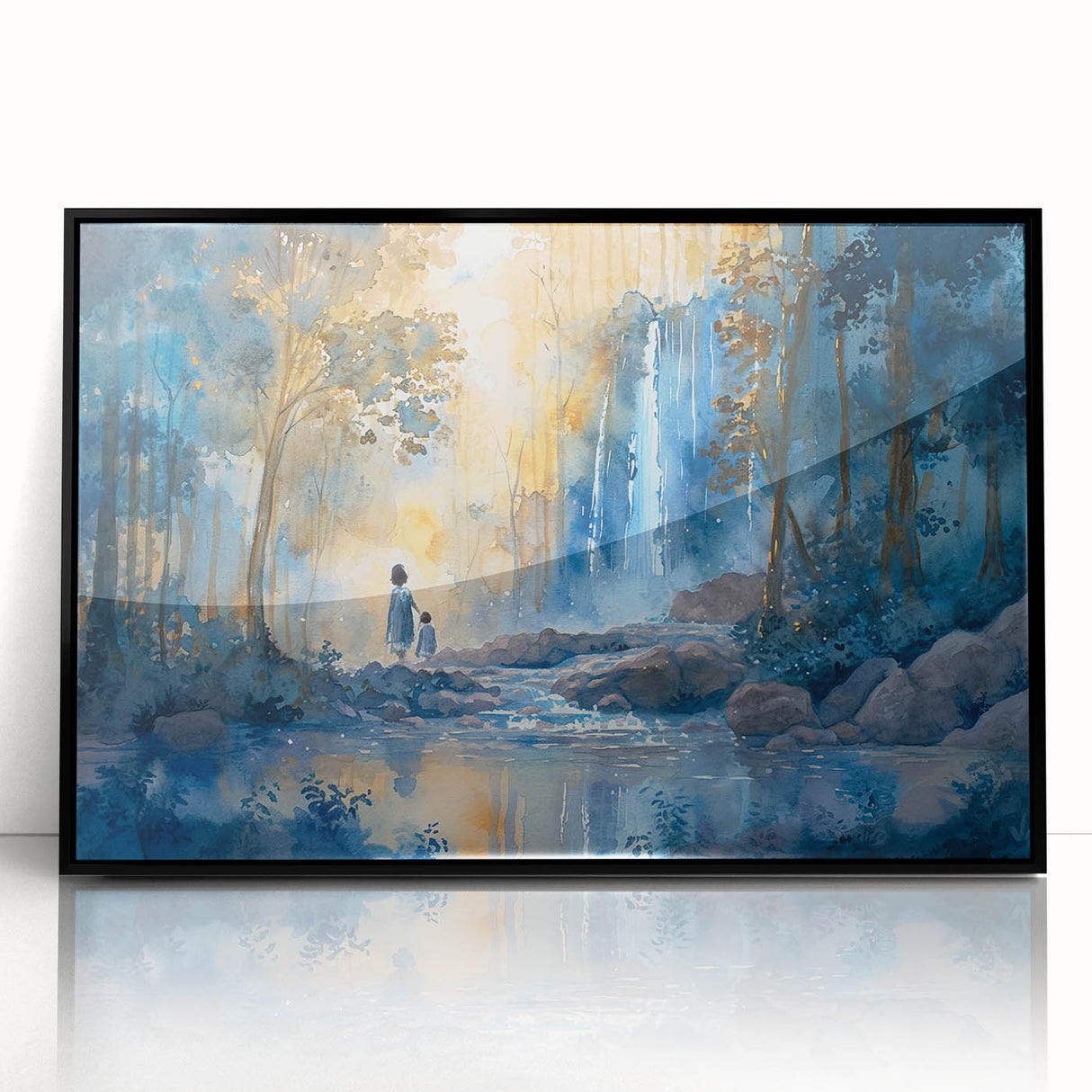 Framed wall art featuring a stunning landscape waterfall design in vibrant colors, set in a sleek black frame, perfect for modern home decor.