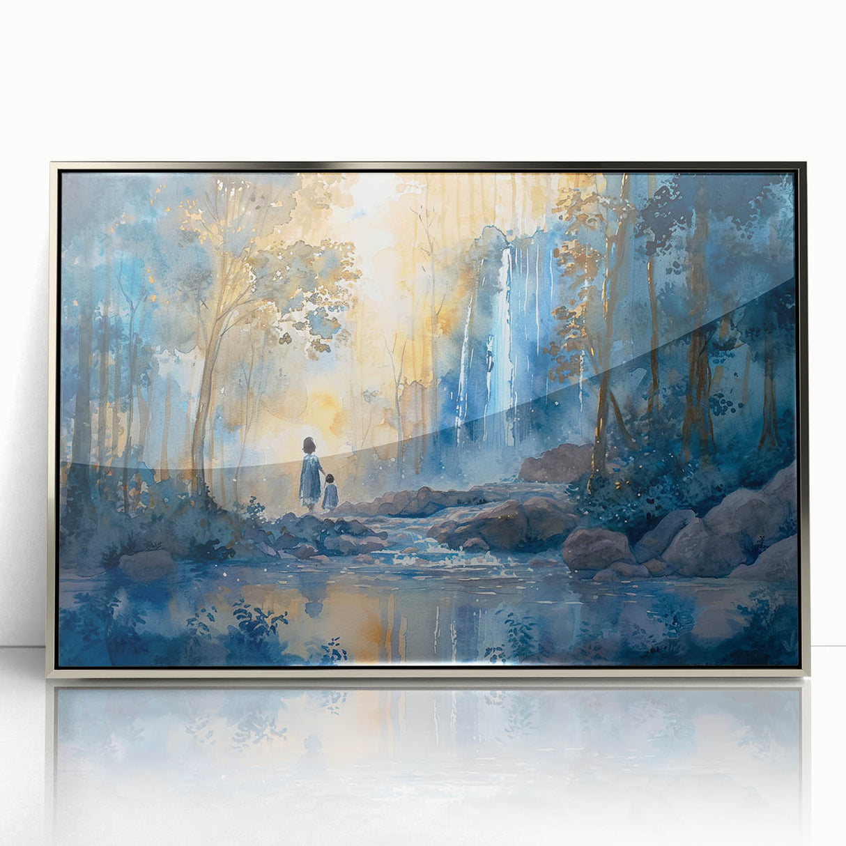 Framed acrylic wall art featuring a serene waterfall landscape design, elegantly displayed in a silver frame. Perfect for enhancing living spaces with a calming aesthetic.