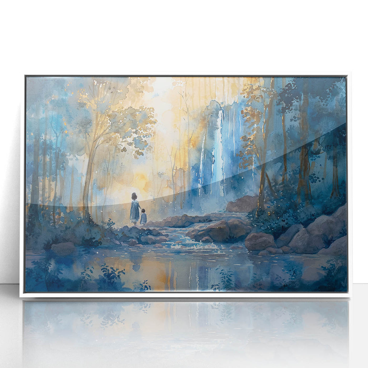 Framed acrylic wall art featuring a stunning landscape waterfall design, showcasing vibrant blues and greens, perfect for enhancing home decor and creating a serene atmosphere.