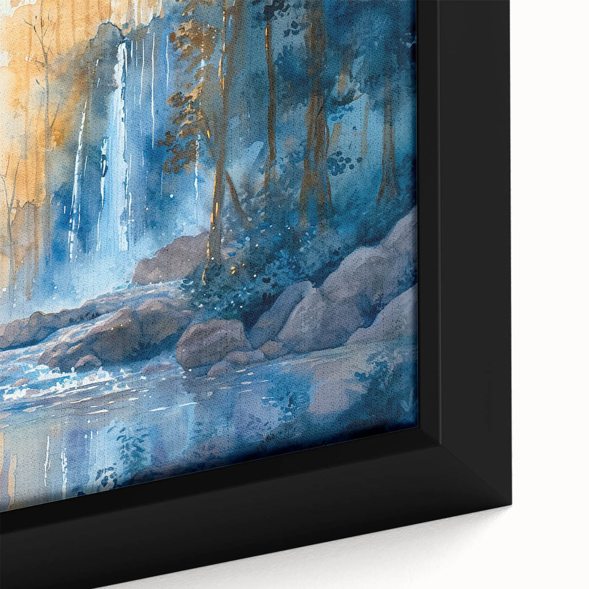 Close-up of a framed canvas artwork showcasing a vibrant waterfall landscape, featuring lush greenery and flowing water, perfect for enhancing home decor.