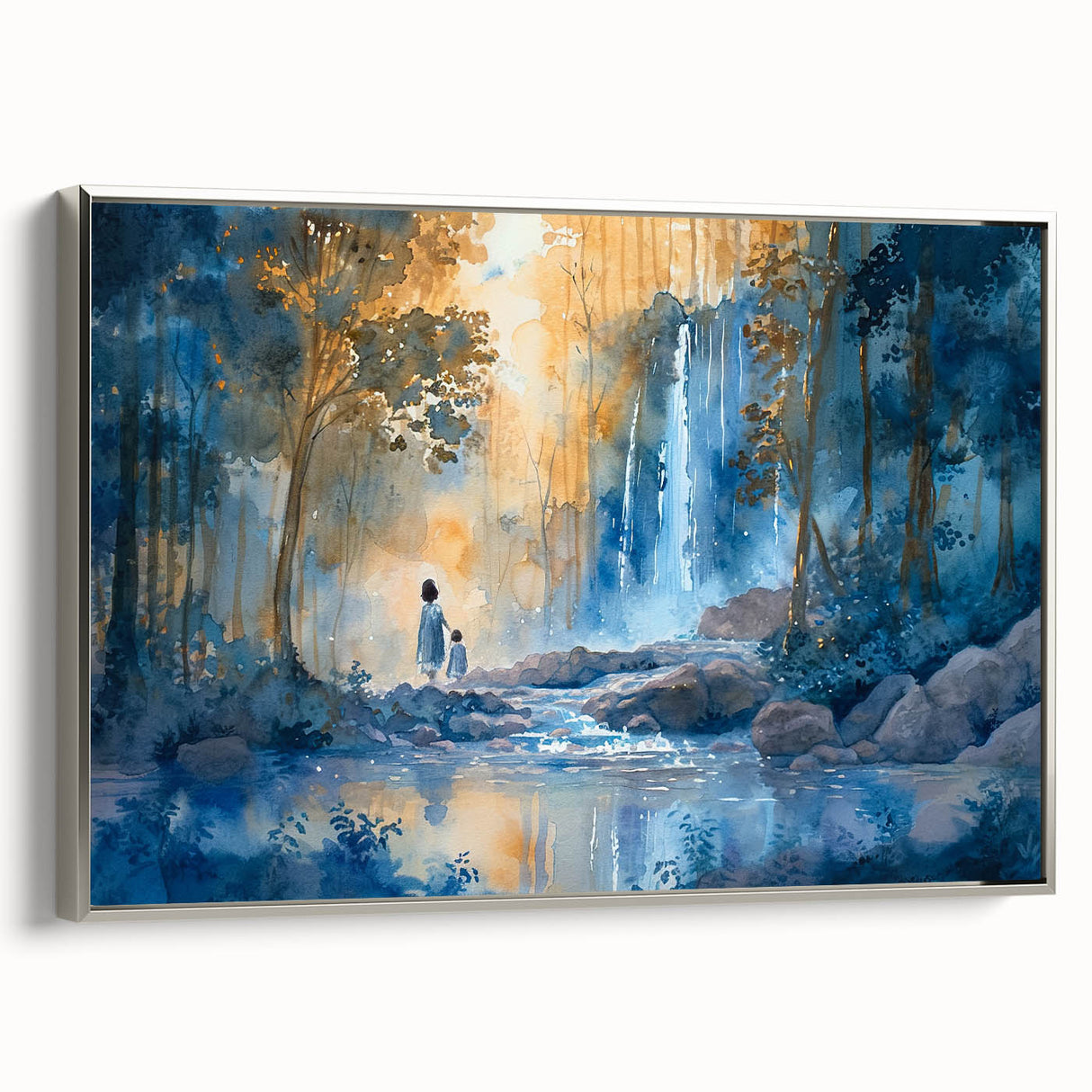 Framed canvas wall art showcasing a serene waterfall landscape design, featuring vibrant blues and greens, elegantly presented with a silver frame, ideal for enhancing home decor.