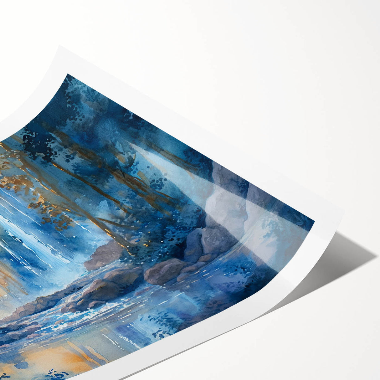 Vibrant waterfall landscape wall art print showcasing cascading water and lush greenery, rolled for easy transport and display in various settings.