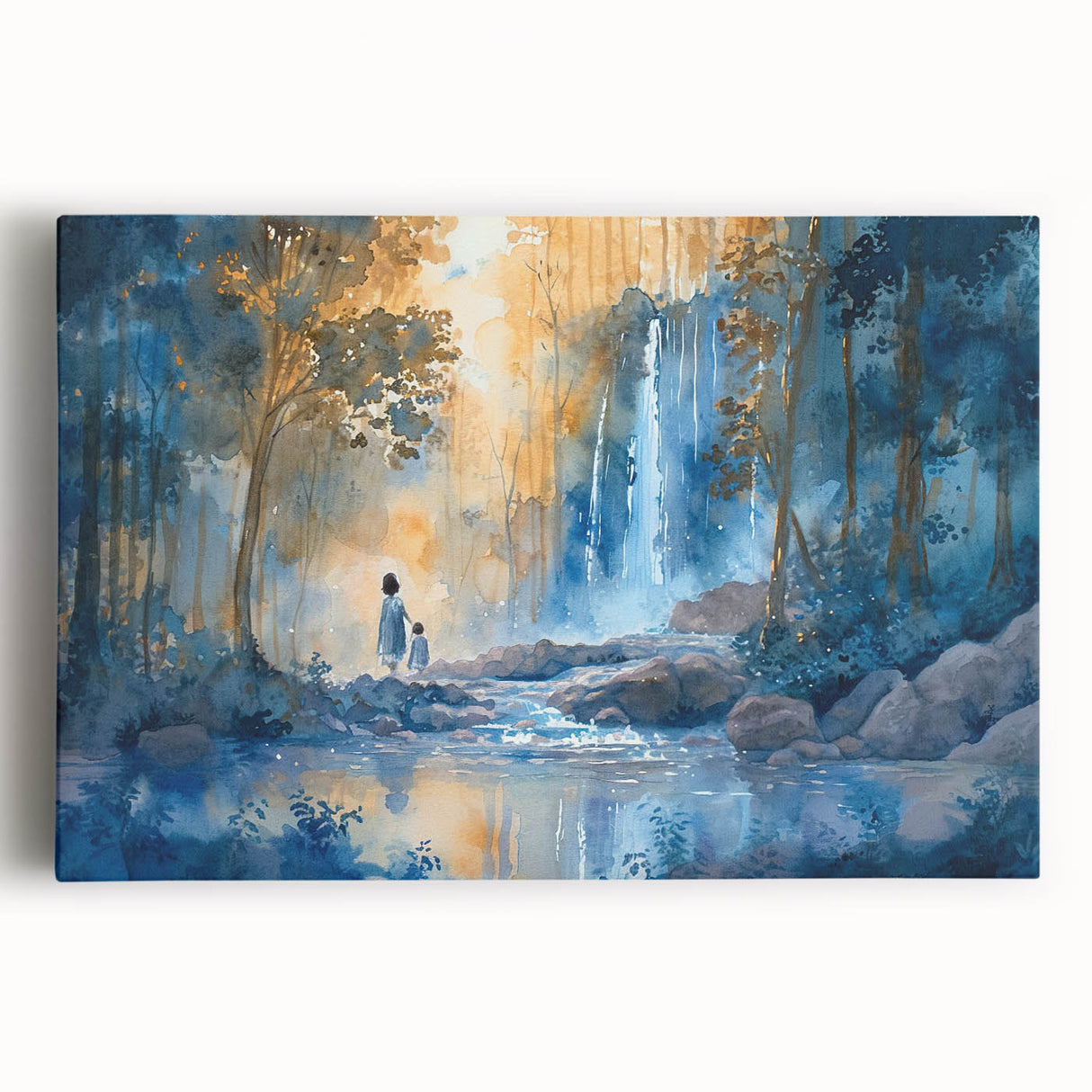 Stretched canvas wall art showcasing a vibrant waterfall landscape with lush greenery, ideal for home decor. Perfect for nature enthusiasts seeking tranquility.
