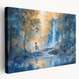 Stretched canvas wall art featuring a serene landscape with a cascading waterfall, surrounded by lush greenery, perfect for home decor and relaxation themes.
