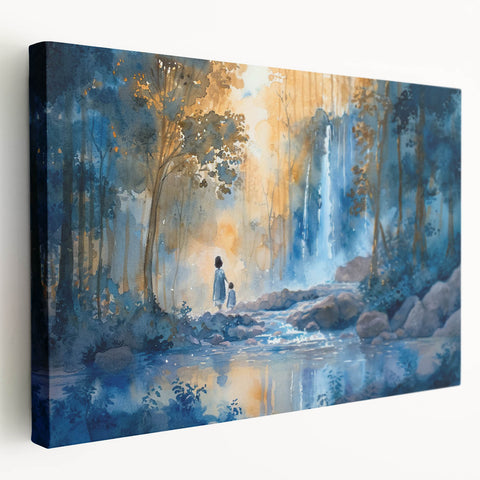 Stretched canvas wall art featuring a serene landscape with a cascading waterfall, surrounded by lush greenery, perfect for home decor and relaxation themes.