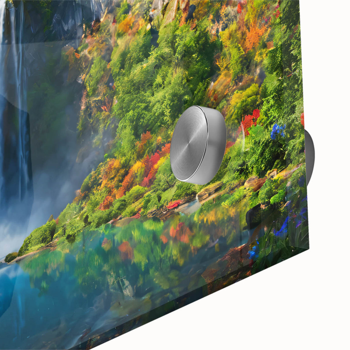 Close-up of a vibrant acrylic glass wall art piece showcasing a stunning waterfall landscape, featuring lush greenery and cascading water, perfect for home decor.