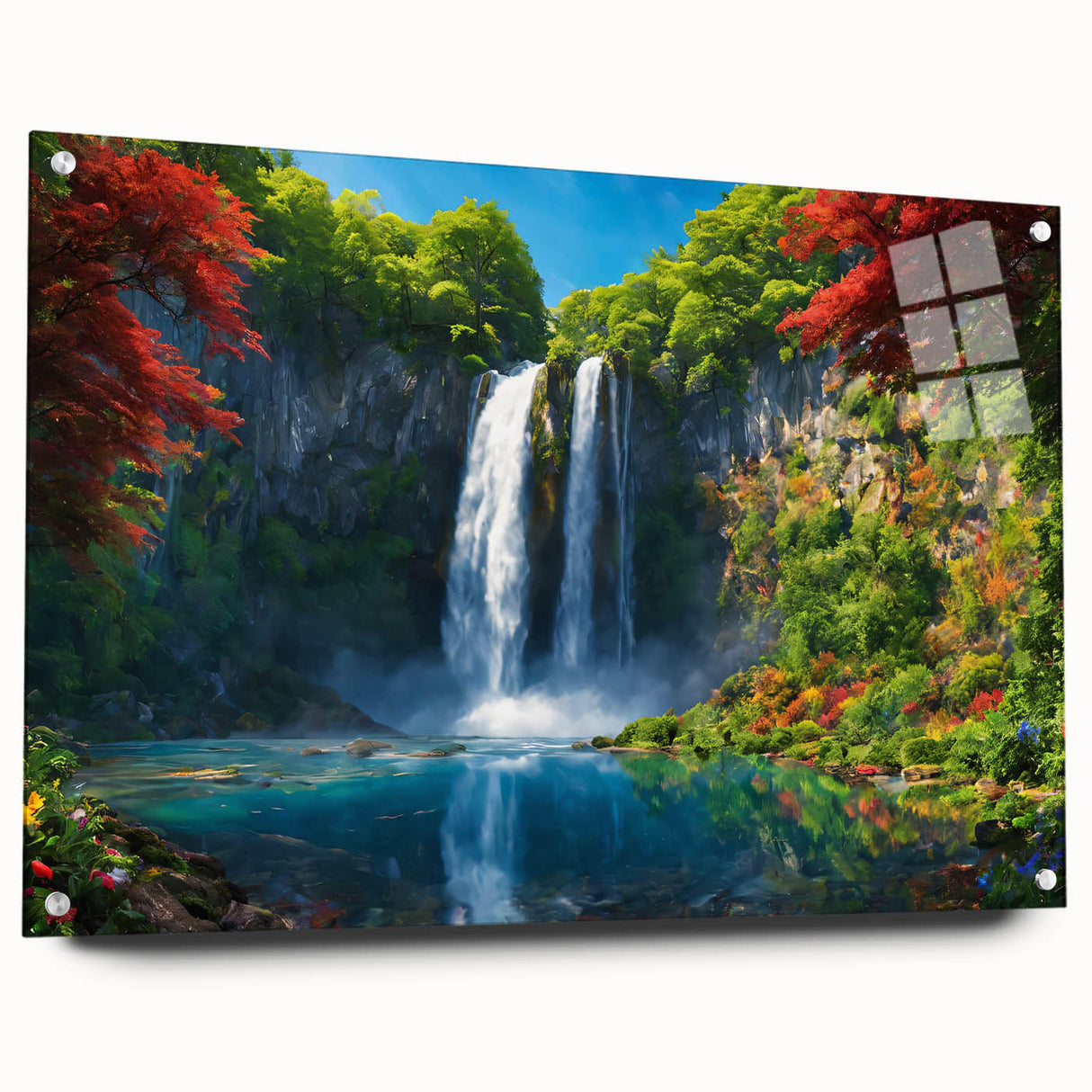 Acrylic wall art featuring a vibrant waterfall landscape design with rich blues and greens, elegantly displayed in a side view with decorative pins. Perfect for enhancing home decor.