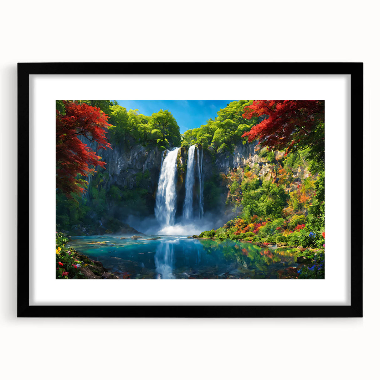 Framed wall art featuring a vibrant waterfall landscape design, accented with a black mat, showcasing a serene and calming nature scene ideal for home decor.