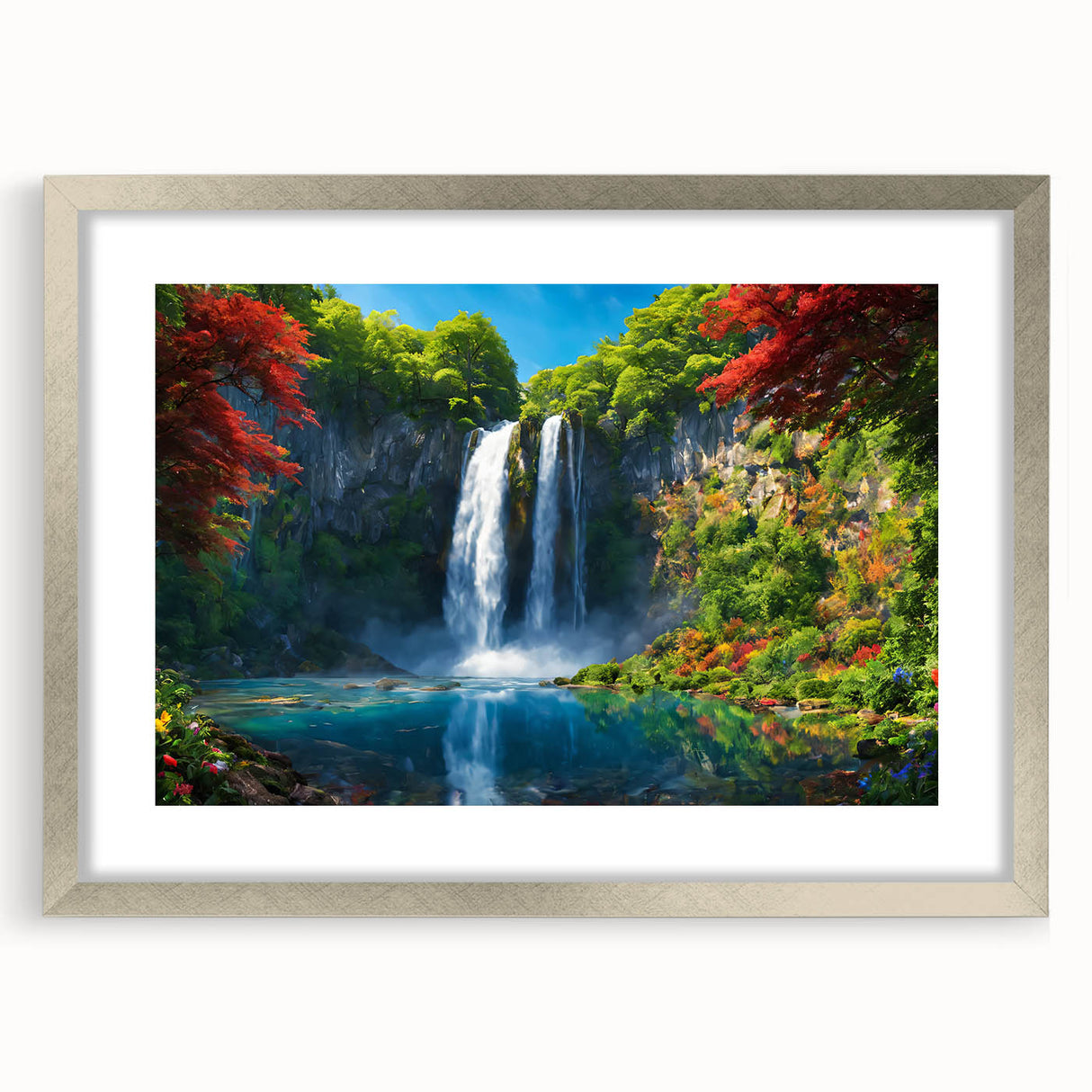 Framed wall art featuring a serene landscape of a cascading waterfall, designed with a silver mat, showcasing vibrant colors and intricate details, perfect for home decor.