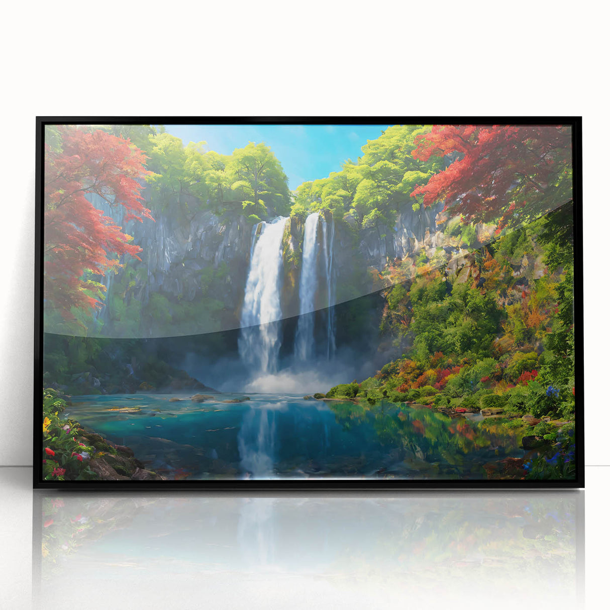 Framed acrylic wall art showcasing a stunning waterfall landscape design with vibrant colors, set against a sleek black frame, perfect for home decor.