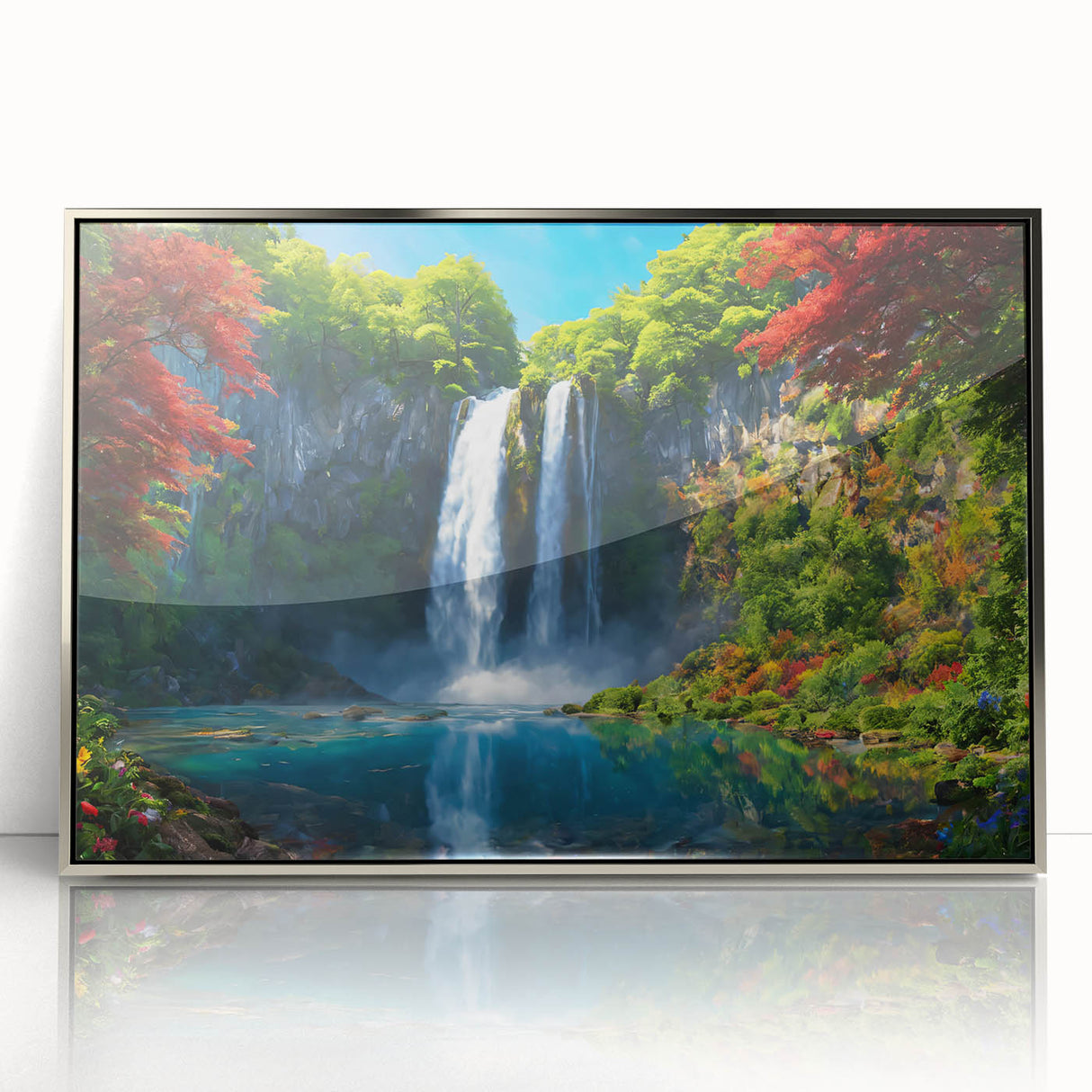 Framed acrylic wall art featuring a vibrant landscape of cascading waterfalls, accented by silver tones, perfect for enhancing home decor or office spaces.