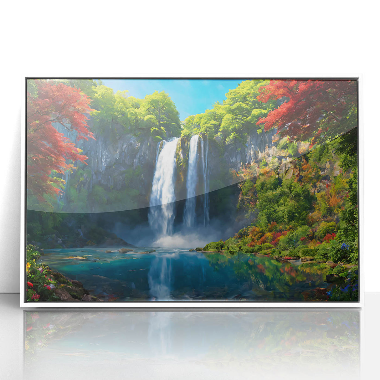 Framed acrylic wall art showcasing a serene waterfall landscape design, featuring vibrant blues and greens, perfect for home decor enhancement.