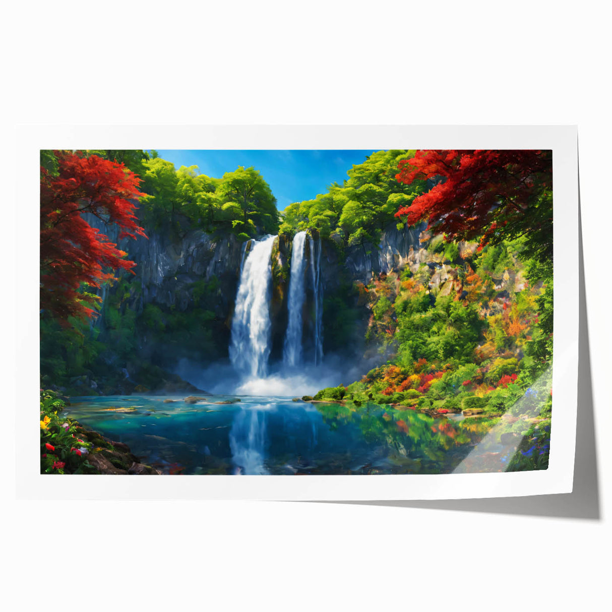 Serene waterfall landscape wall art print showcasing vibrant blue and green hues, perfect for home decor. Ideal for nature lovers and art enthusiasts.