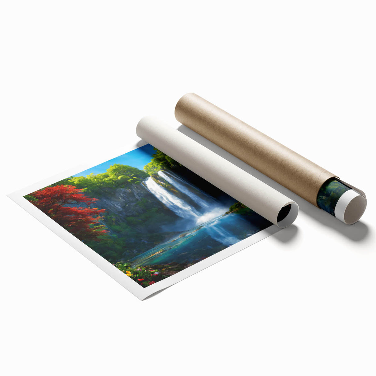 Vibrant rolled wall art print showcasing a stunning waterfall landscape with lush greenery and blue skies, perfect for home décor. Packaged in protective cardboard tube.