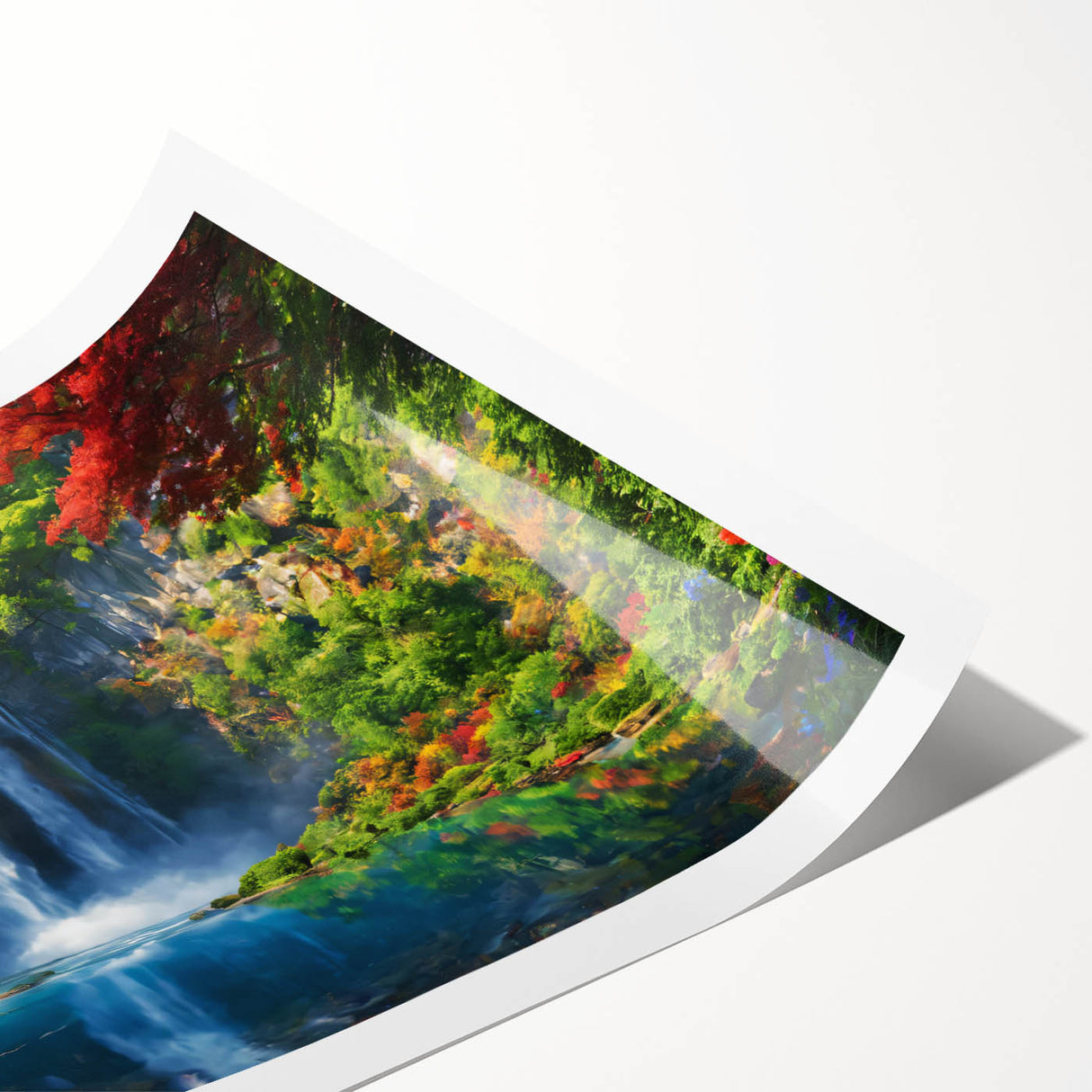 Stunning waterfall landscape wall art print showcasing vibrant blues and greens, perfect for home decor. Rolled design ensures easy framing and display.
