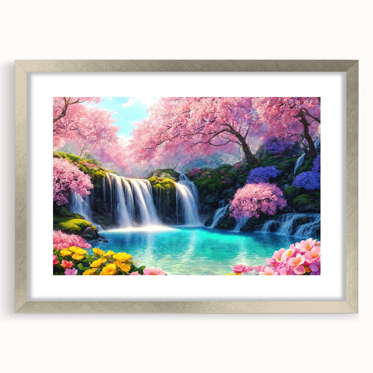Framed wall art showcasing a serene waterfall landscape in vibrant colors, featuring a silver mat and frame, designed to enhance home decor aesthetics.