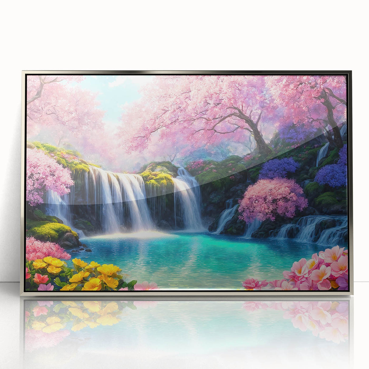 Framed acrylic wall art featuring a serene waterfall landscape design, set in a sleek silver frame, perfect for modern home decor and nature enthusiasts.
