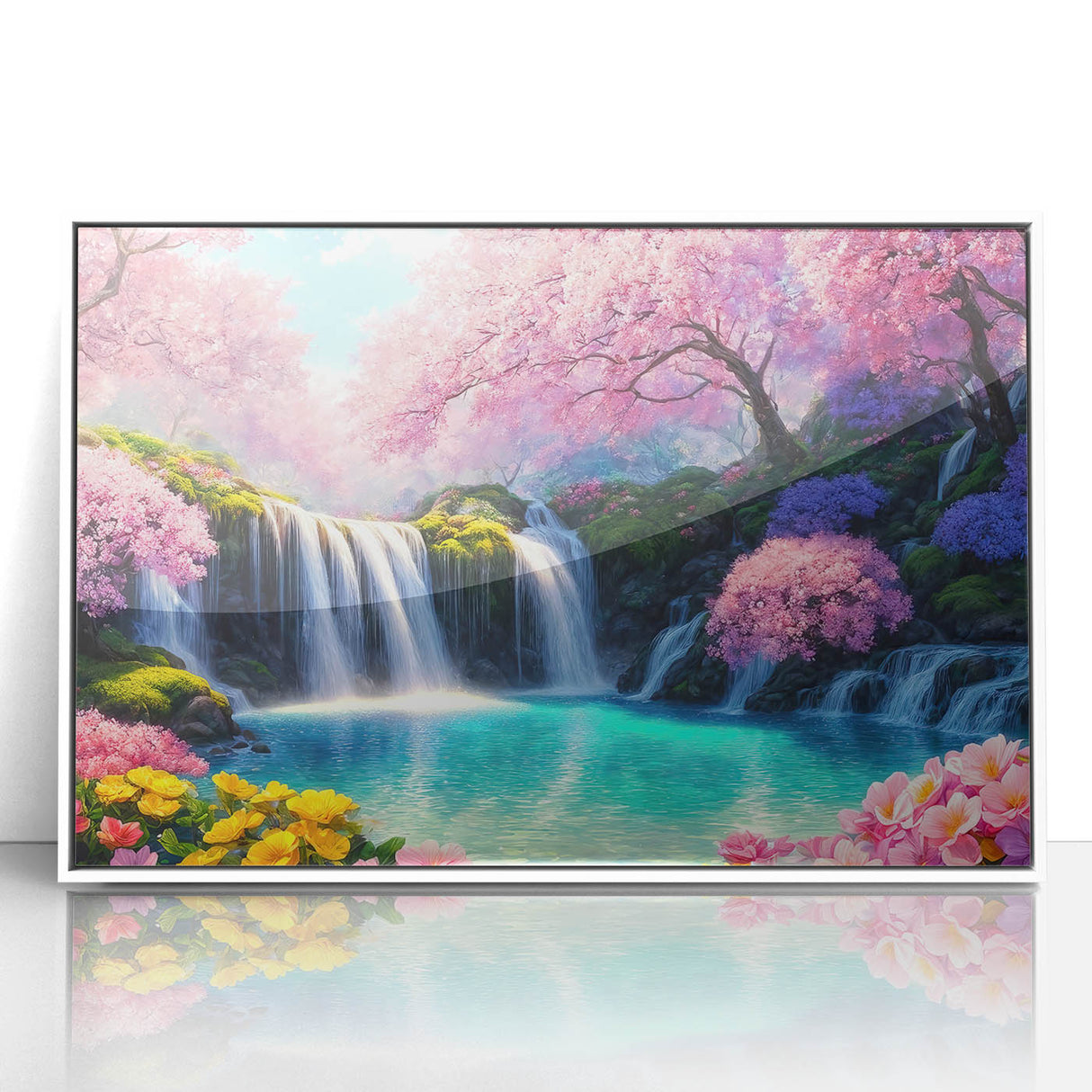 Framed acrylic wall art featuring a vibrant waterfall landscape design, elegantly set in a sleek white frame, perfect for enhancing home décor with nature's beauty.