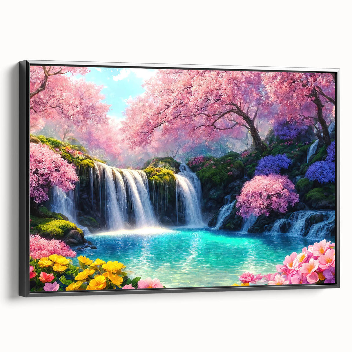 Framed canvas wall art showcasing a serene waterfall landscape design, featuring vibrant blues and greens, set against a sleek black frame, perfect for home décor.