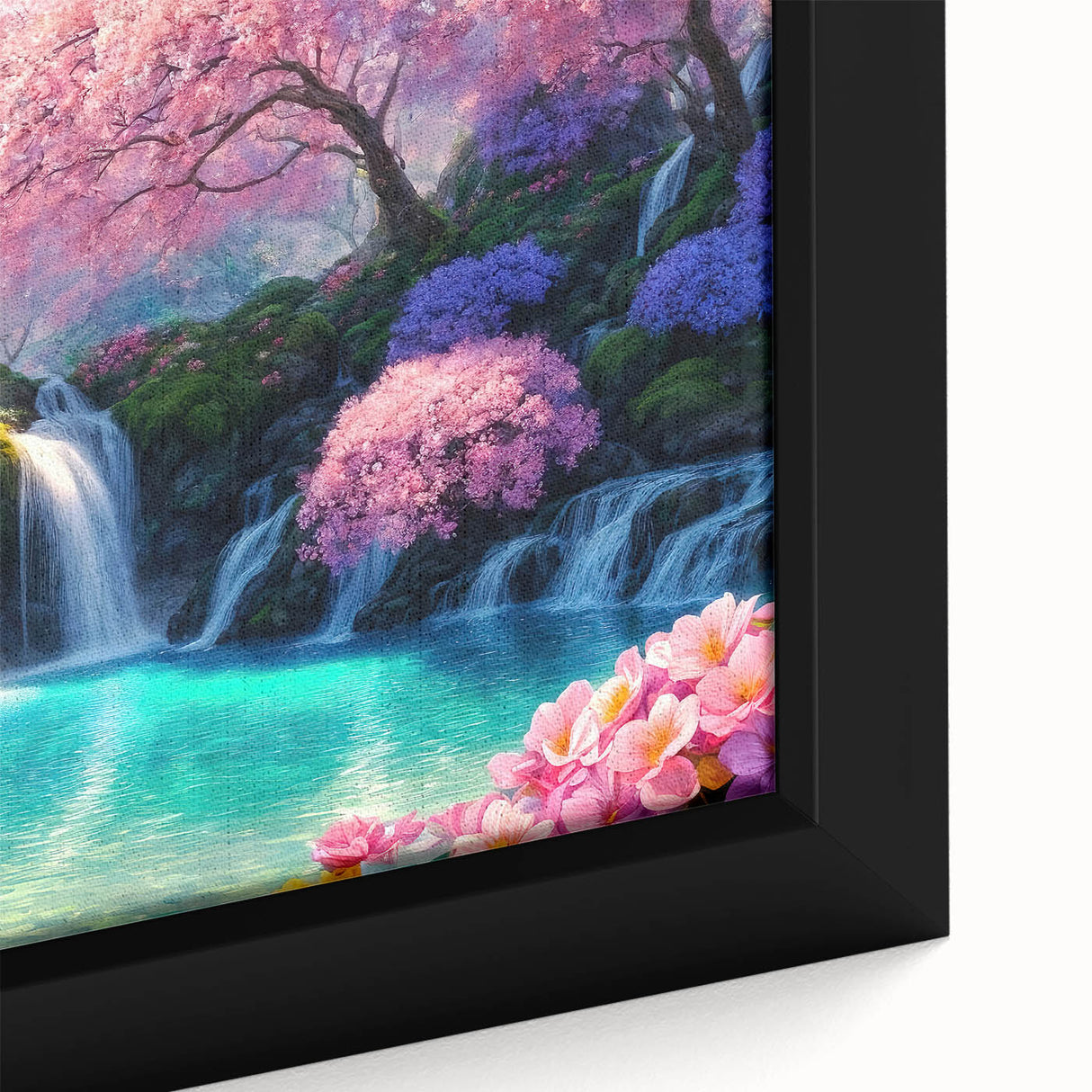 Framed canvas wall art showcasing a vibrant waterfall landscape with lush greenery and a serene blue sky, ideal for home decor and nature enthusiasts.