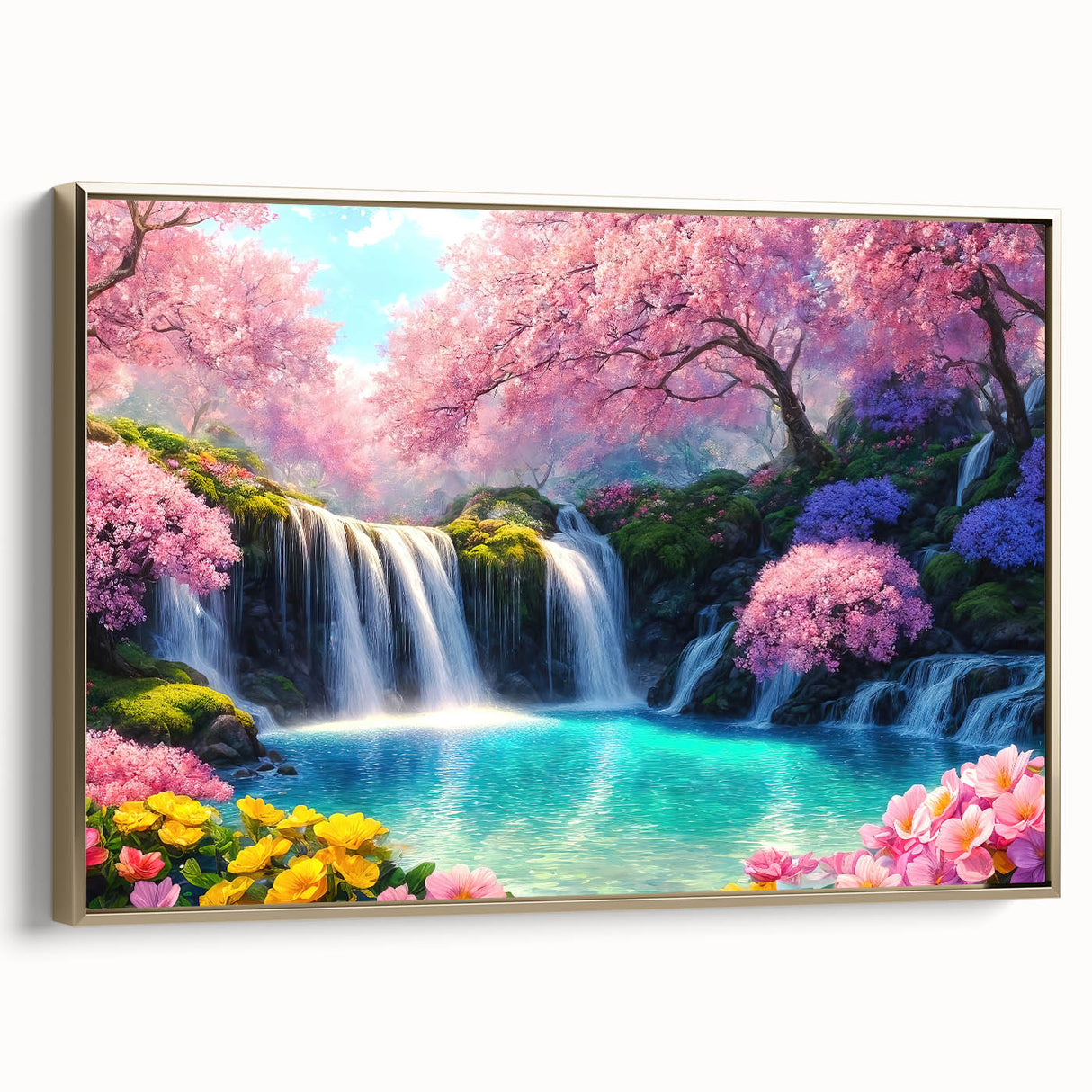 Framed canvas wall art showcasing a serene waterfall landscape, featuring vibrant greens and blues, with a sleek gold frame enhancing its elegance. Ideal for home decor.