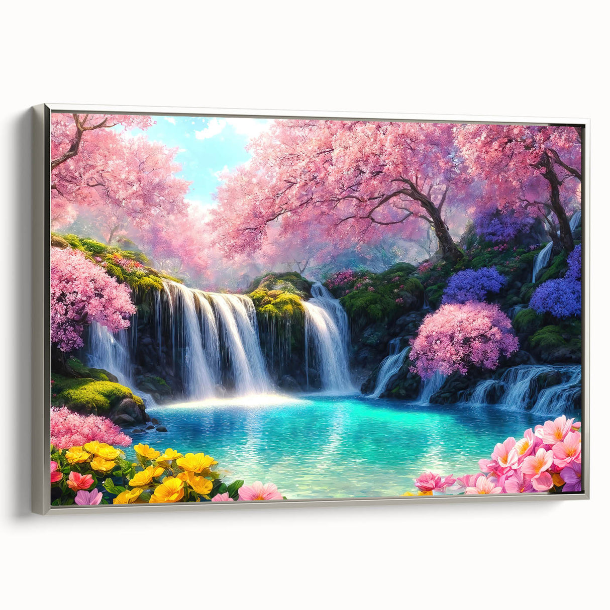 Framed canvas wall art showcasing a stunning waterfall landscape design with vibrant blue and green hues, displayed in a sleek silver frame, ideal for home decor.