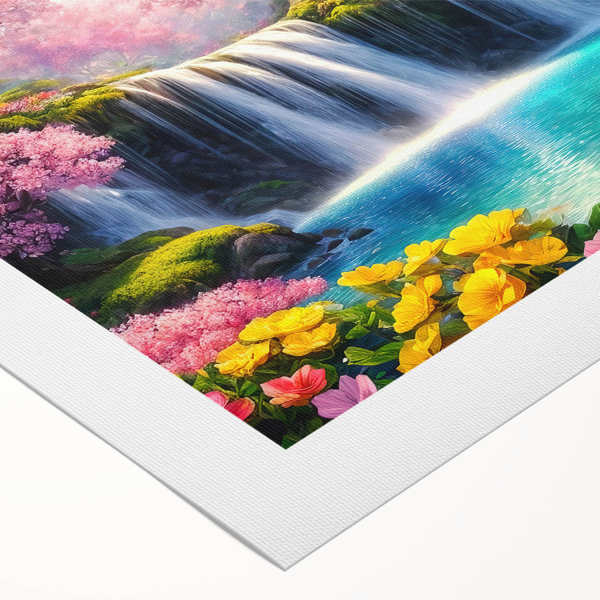 Stunning rolled canvas artwork showcasing a vibrant waterfall landscape design, perfect for home decor, featuring lush greenery and cascading water, elegantly packaged for protection.